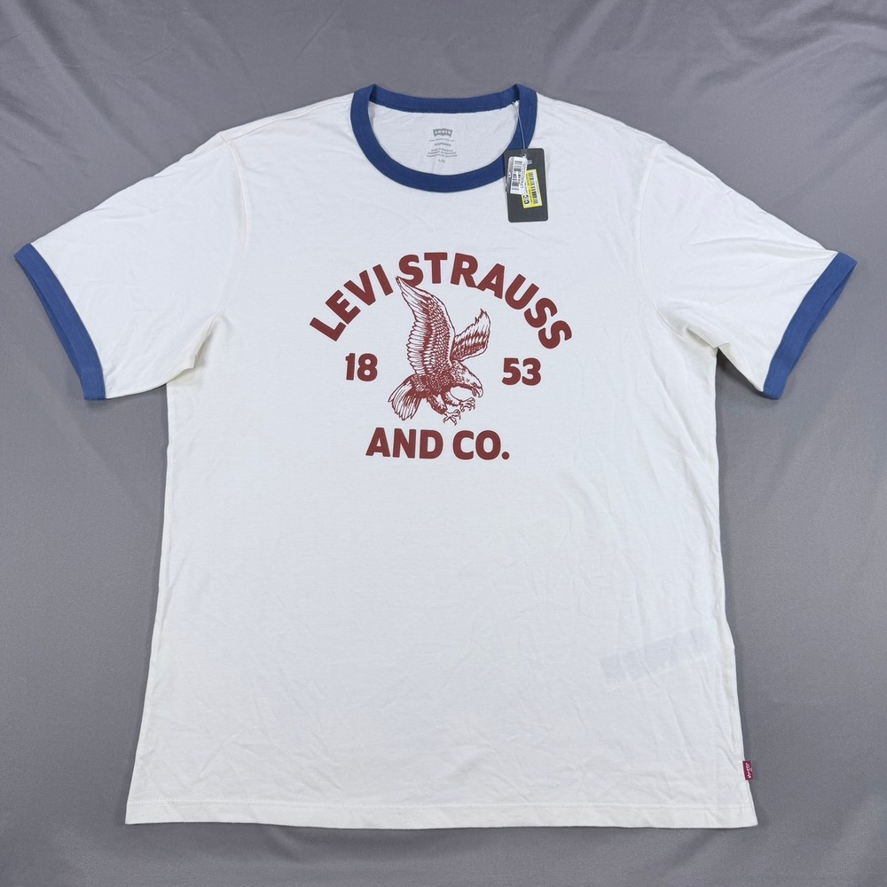 Levi's Mens L White Blue 100% Cotton Ringer T-Shirt Eagle Graphic 1853 Heritage